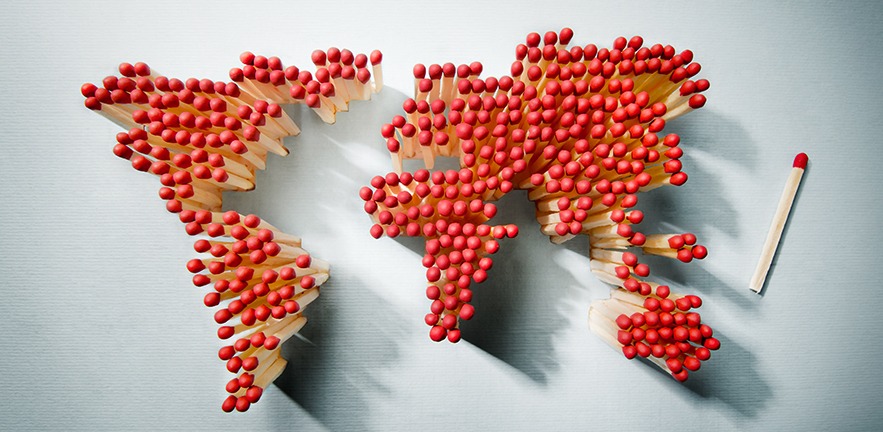 World map made of matches waiting for a spark.