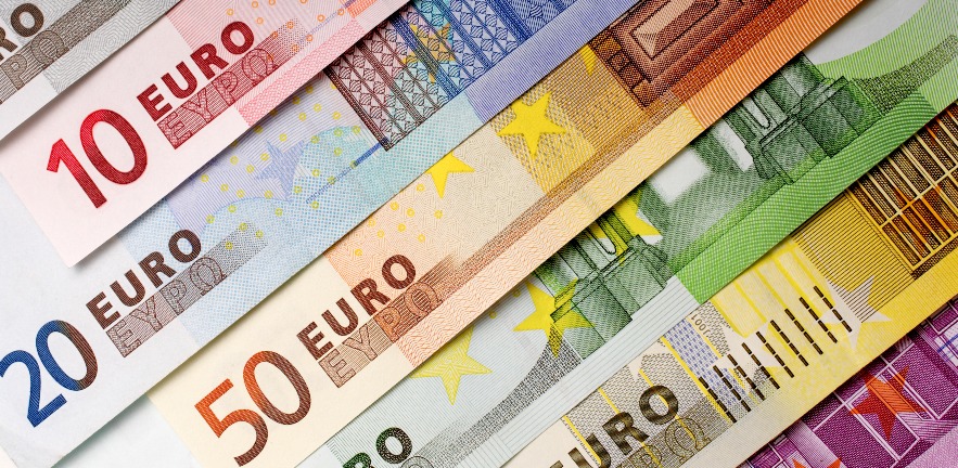 Array of euro bank notes.