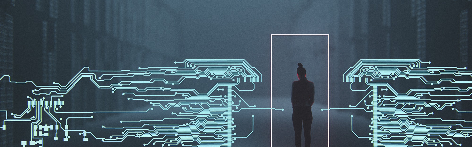 Futuristic image of a woman stepping through a digital door in a computer chip.