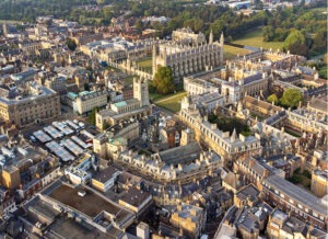 Wide angle aerial view of the city of Cambridge.