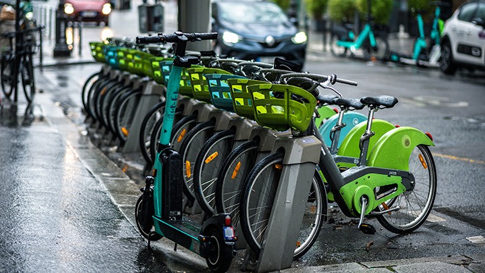 Row of bicycles for rent.