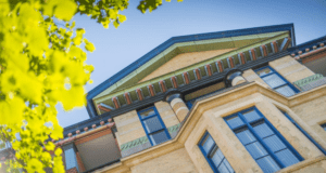 Cambridge Judge Business School exterior close up.