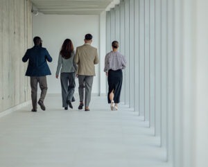 Co-workers walking together.