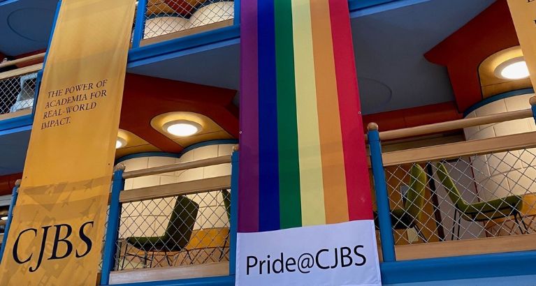 Pride banner in Cambridge Judge,