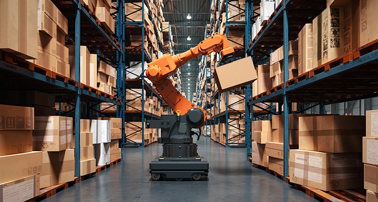 A high-tech warehouse featuring a robotic arm handling and organizing packages on industrial shelves.