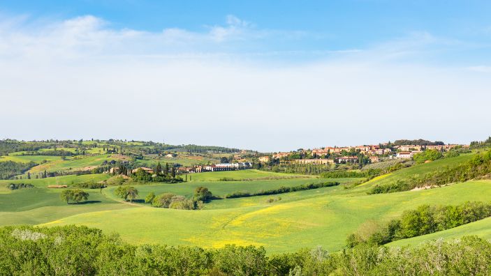 Village on a hill in rural Italy.