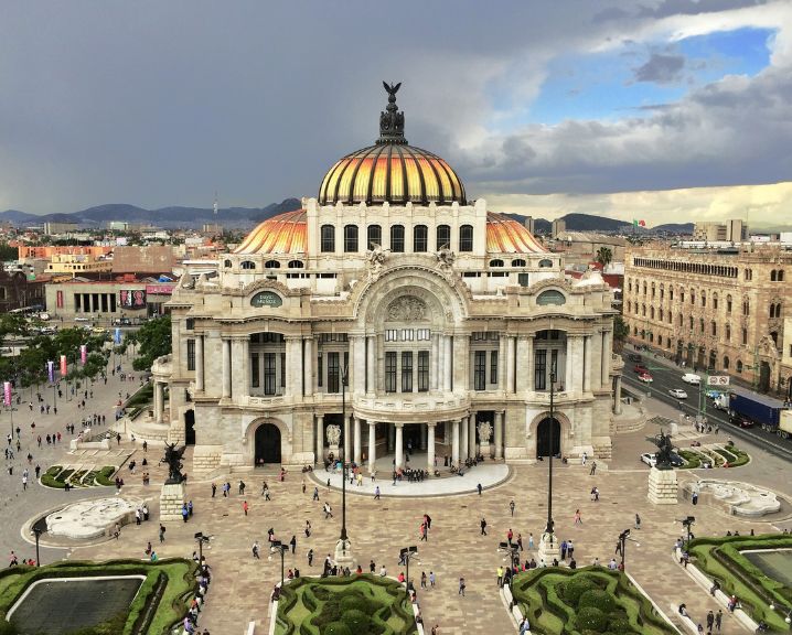 Birds-eye view of the Palace of Fine Arts in Mexico City.
